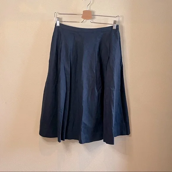 Uniqlo Navy Blue Cotton Linen A Line Pleated High Waisted Below the Knee Skirt M